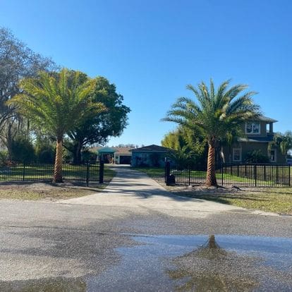 Entrance to a property with a gated driveway and two tall palm trees, demonstrating the professional landscaping by Absolute Outdoors LLC in Odessa, FL.